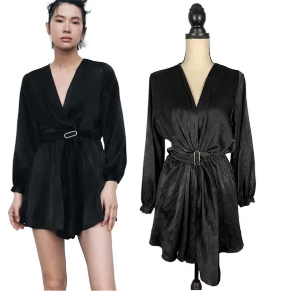 Zara NWOT Black satin romper long sleeves -looks like a dress - Picture 1 of 4